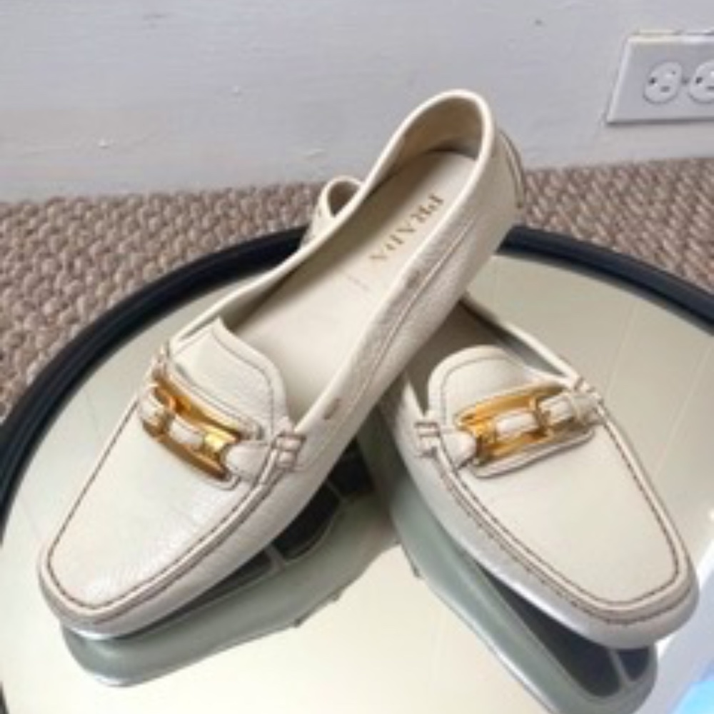 Vintage White Prada Loafers with Gold Buckle Detail